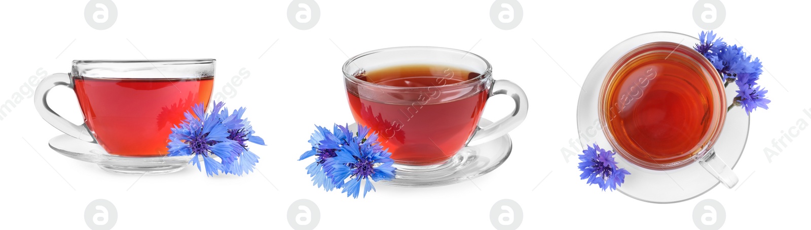 Image of Set with cornflower tea on white background. Banner design