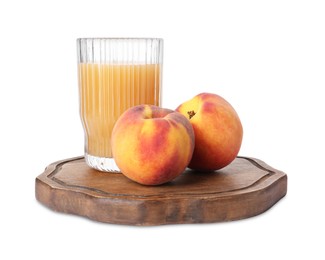 Photo of Glass of delicious juice and peaches isolated on white