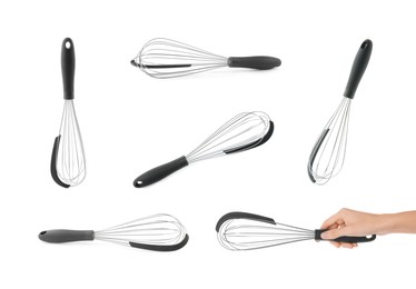 Image of Different whisks isolated on white, collection. Kitchen tool