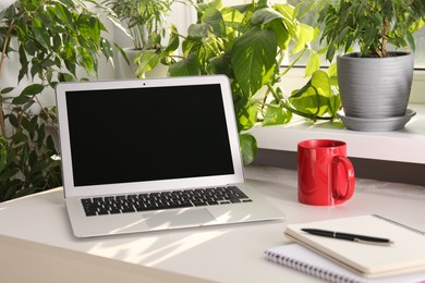 Photo of Laptop, red cup and notebooks on white desk near window sill with beautiful houseplants