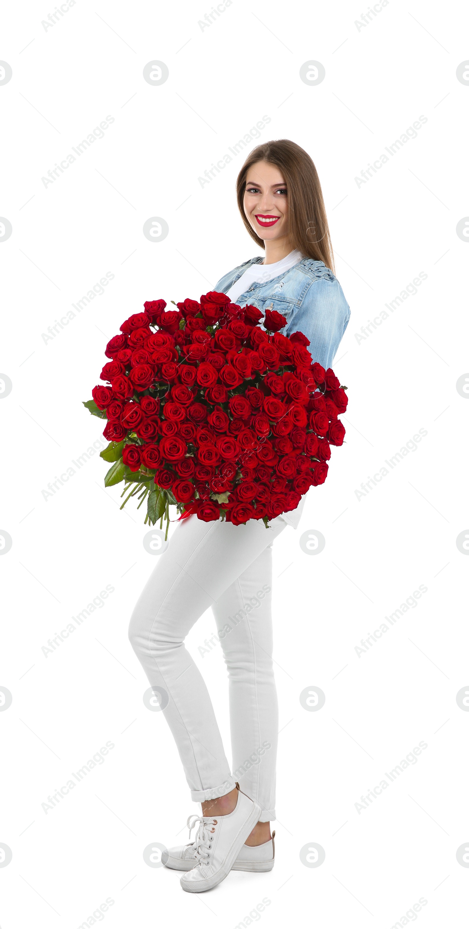 Photo of Full length portrait of beautiful woman with bouquet of roses on white background