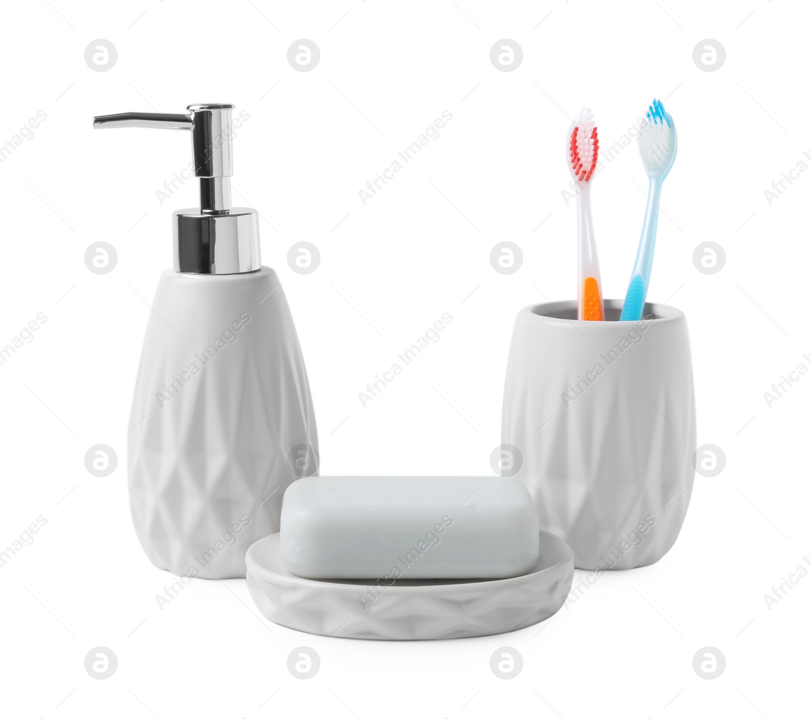 Photo of Bath accessories. Different personal care products isolated on white