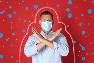 Image of Stronger immunity - better disease resistance. Man in protective mask showing stop gesture surrounded by viruses on red background
