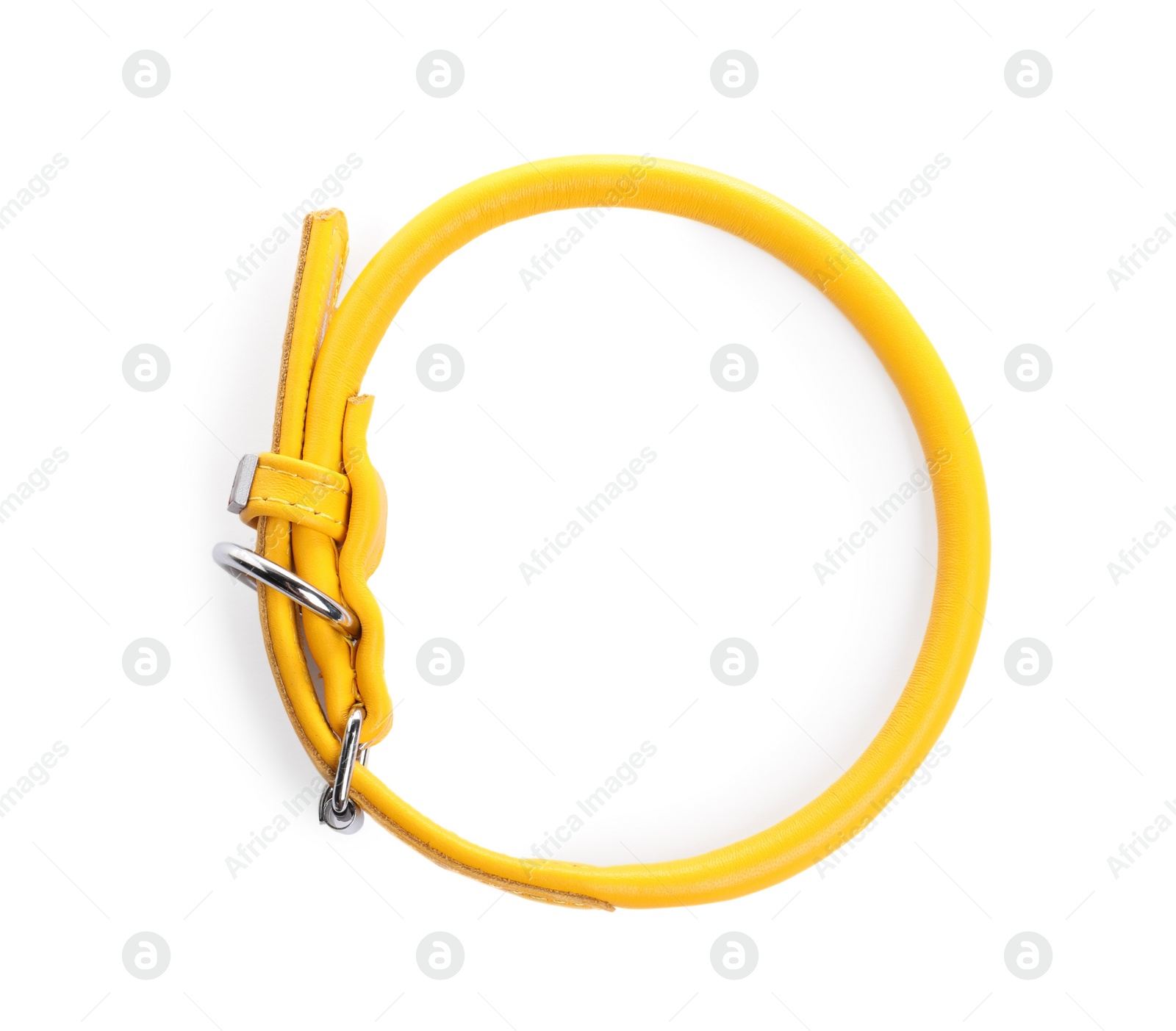 Photo of Yellow leather dog collar isolated on white, top view