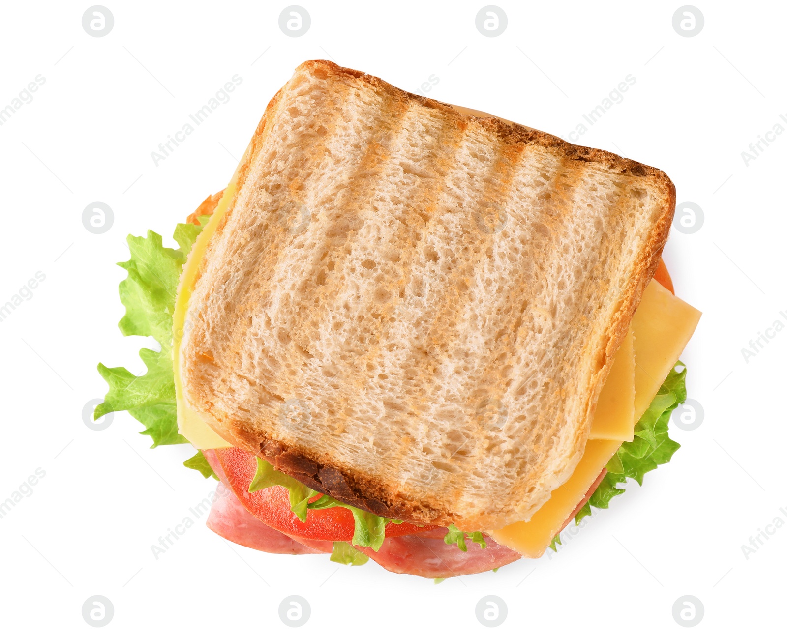 Photo of Tasty sandwich with ham isolated on white, top view