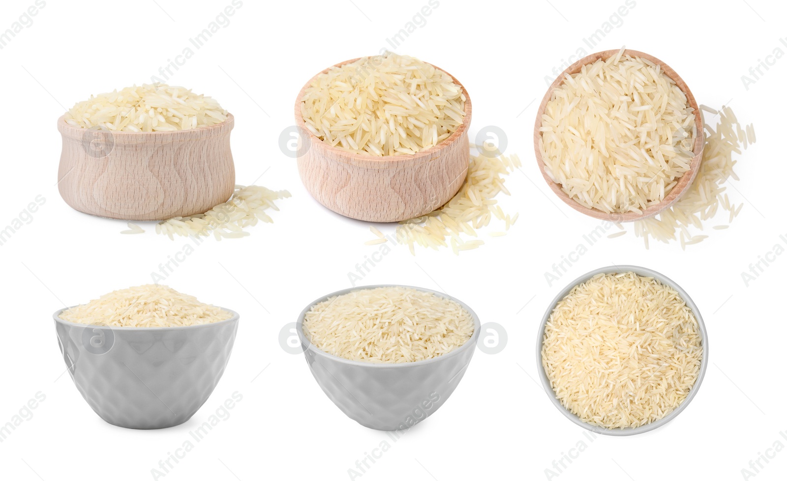 Image of Set with uncooked rice in bowls isolated on white, top and side views