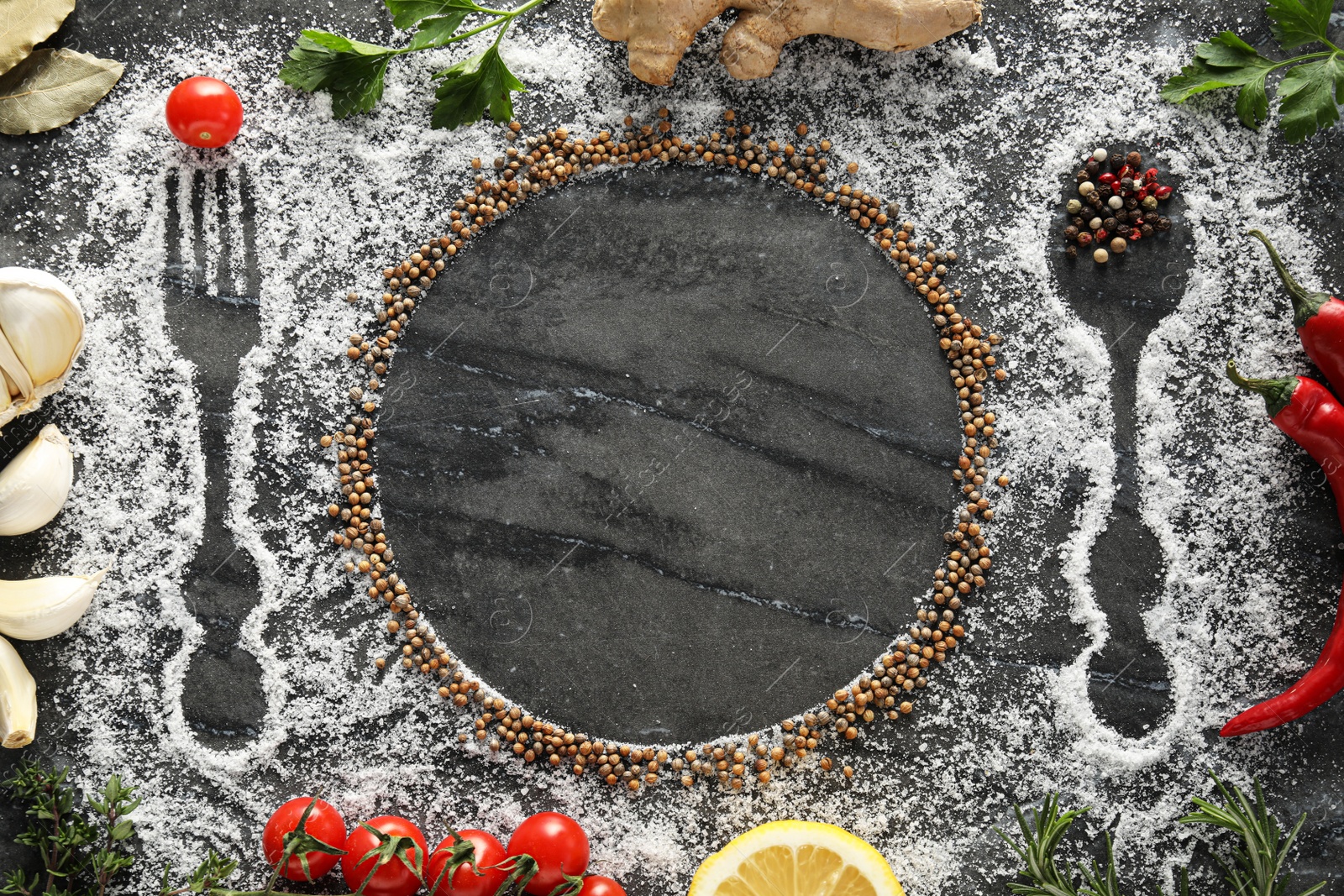 Photo of Flat lay composition with different spices, silhouettes of cutlery and plate on grey marble background. Space for text