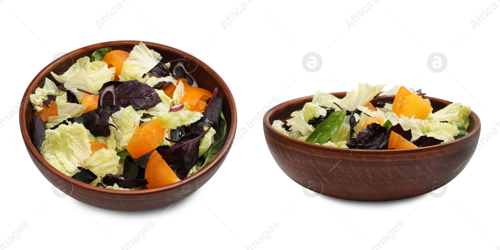 Image of Bowls of delicious salad with Chinese cabbage, tomato and basil on white background