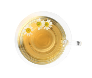 Delicious chamomile tea in glass cup isolated on white, top view