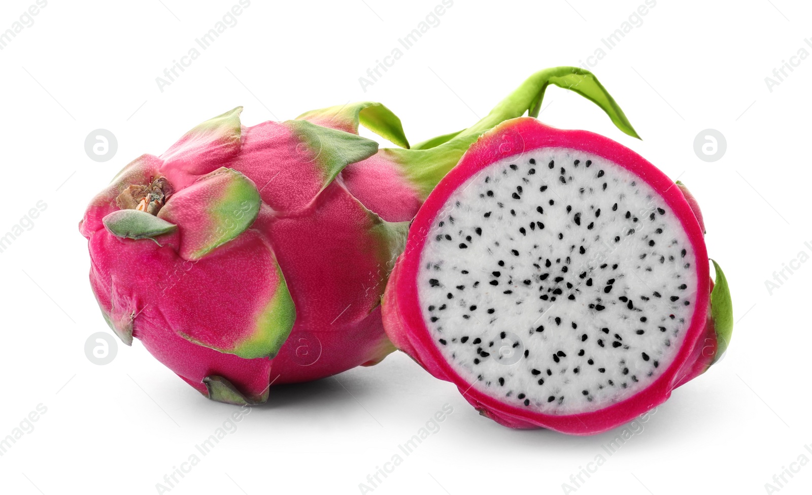 Photo of Delicious cut and whole dragon fruits (pitahaya) on white background