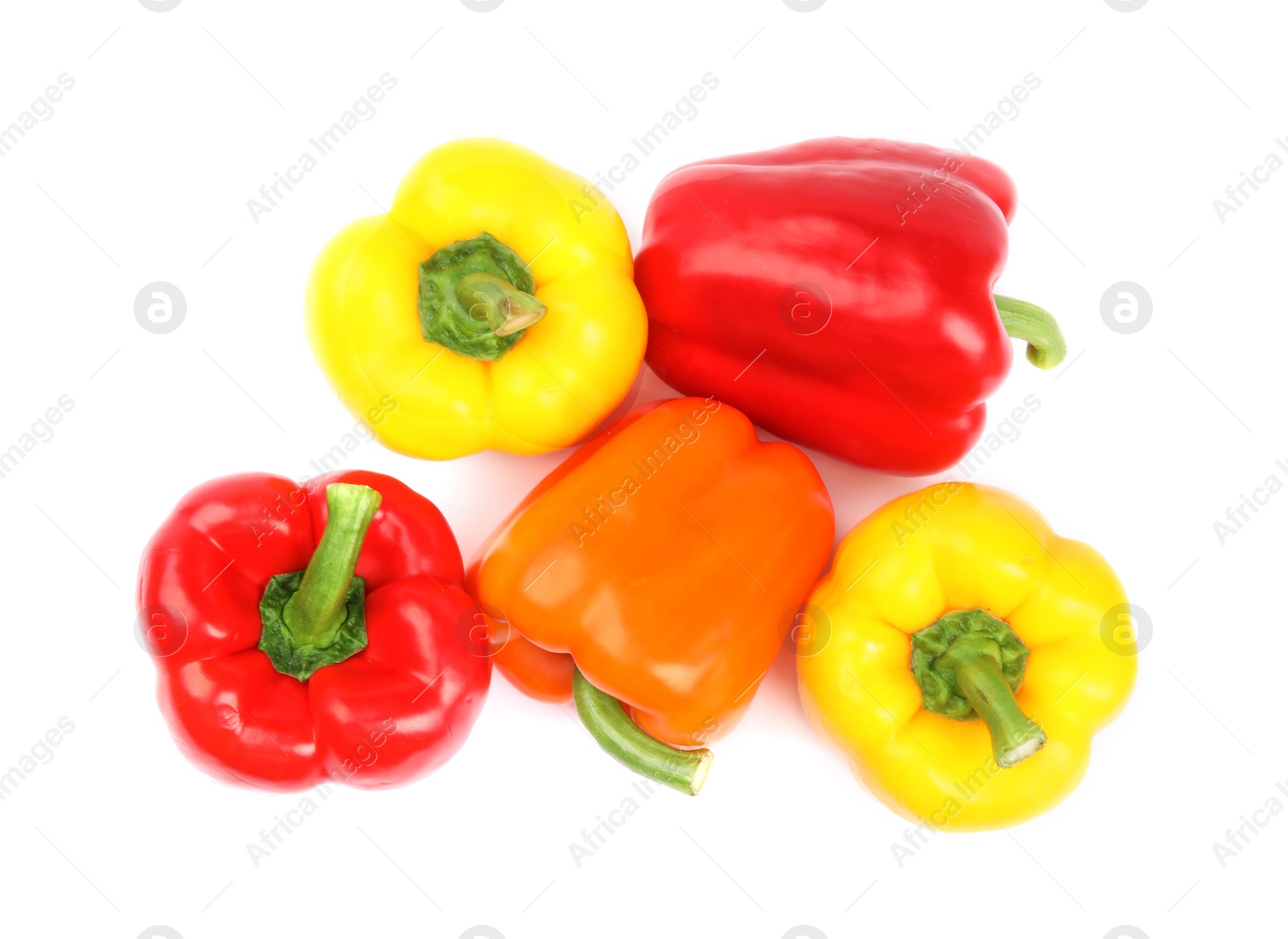 Photo of Fresh ripe bell peppers on white background, top view