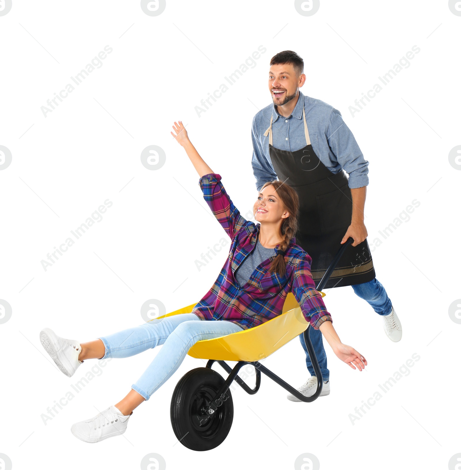 Photo of Couple of gardeners with wheelbarrow on white background