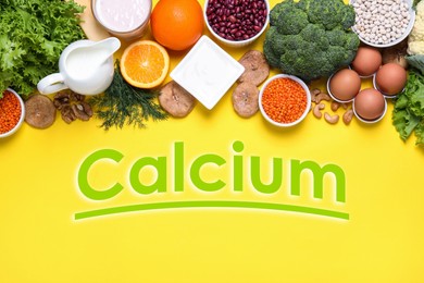 Different fresh products with high amounts of easily absorbable calcium on yellow background, flat lay