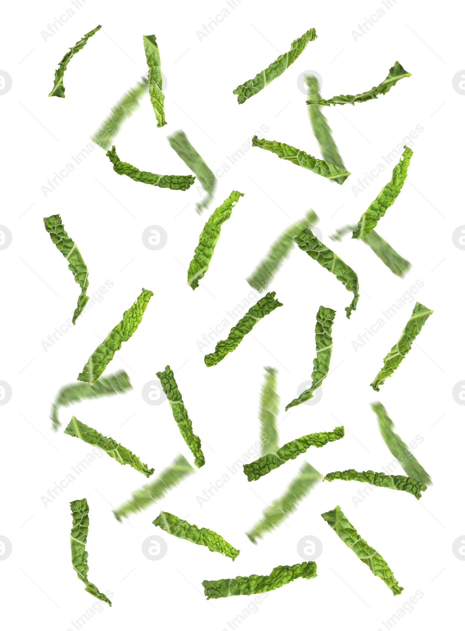 Image of Set with falling fresh pieces of savoy cabbage on white background