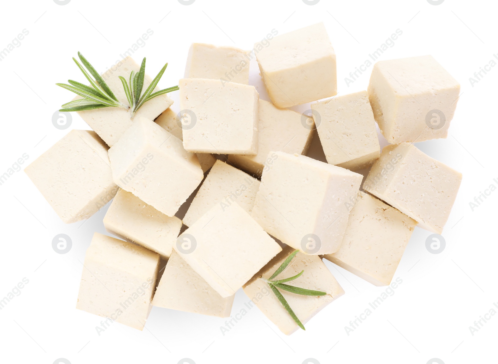 Photo of Delicious tofu and rosemary on white background, top view