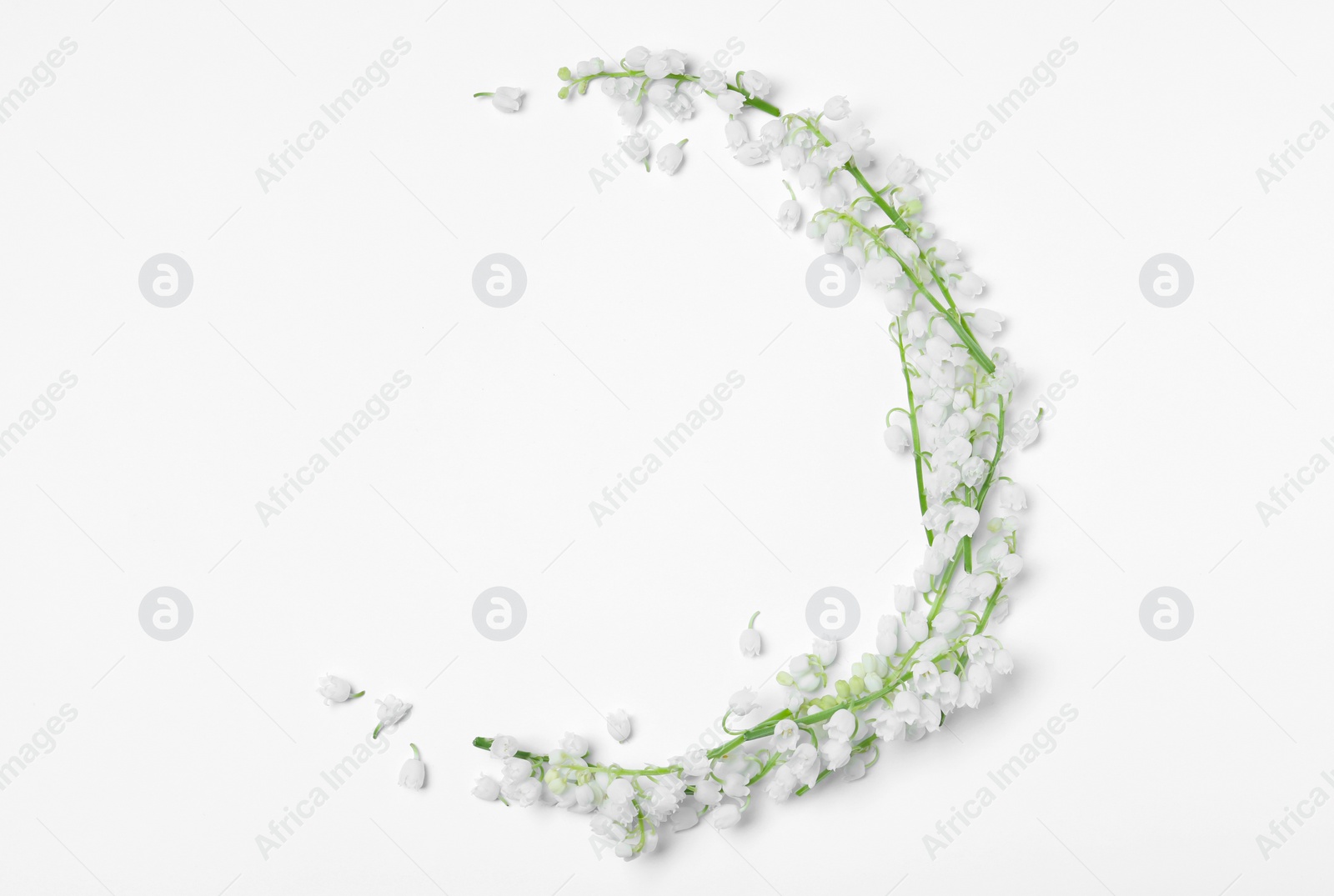 Photo of Beautiful lily of the valley flowers on white background, flat lay. Space for text