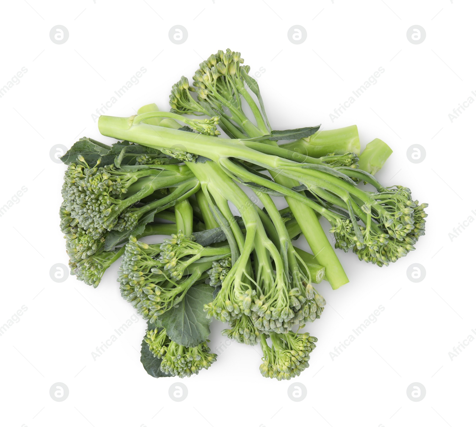 Photo of Fresh raw broccolini isolated on white, top view. Healthy food