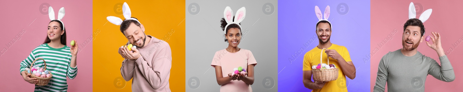 Image of Photos of people with Easter eggs and bunny ears headbands on different color backgrounds. Collage design