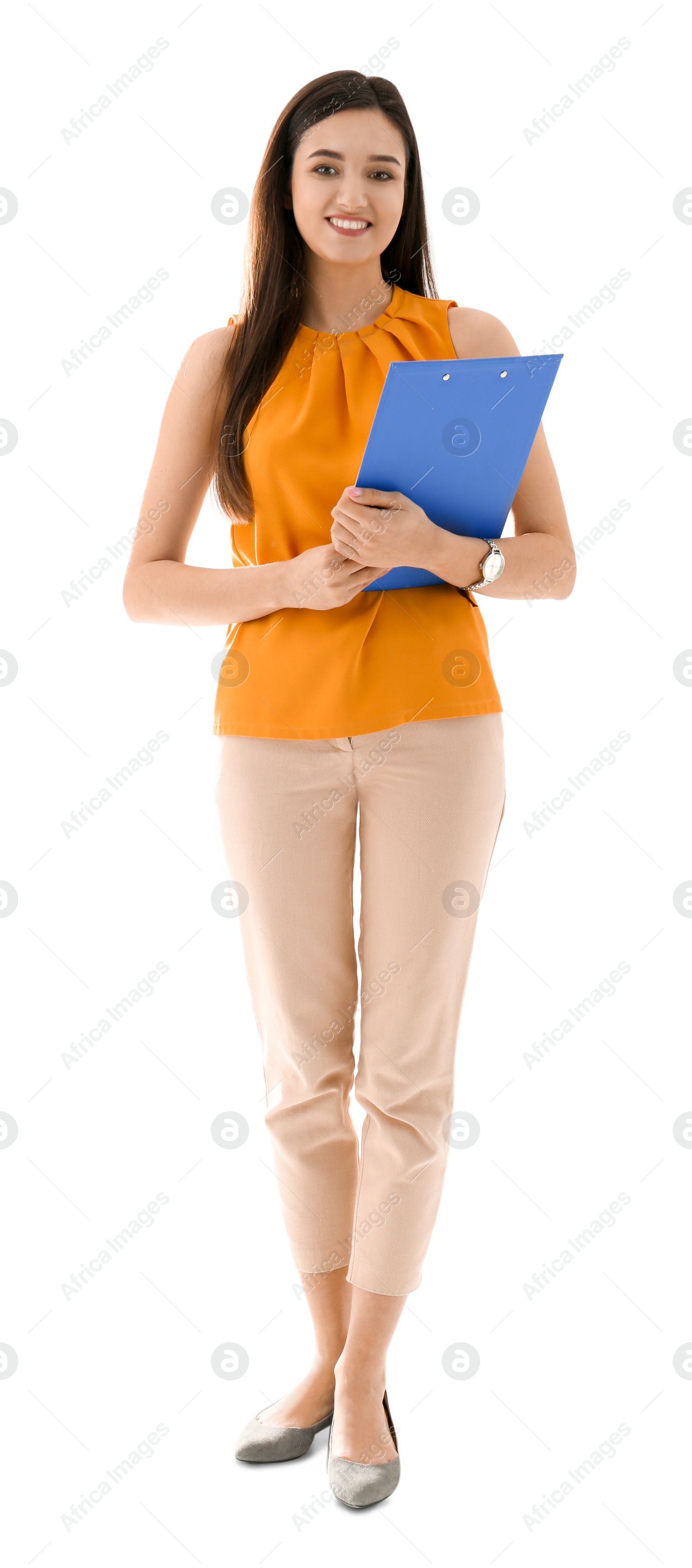 Photo of Female teacher with clipboard on white background