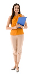 Photo of Female teacher with clipboard on white background