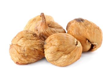 Photo of Pile of tasty dried figs on white background
