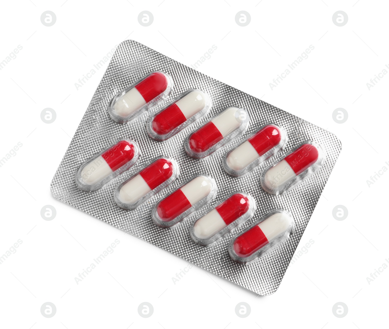 Photo of Blister with bright pills isolated on white, top view