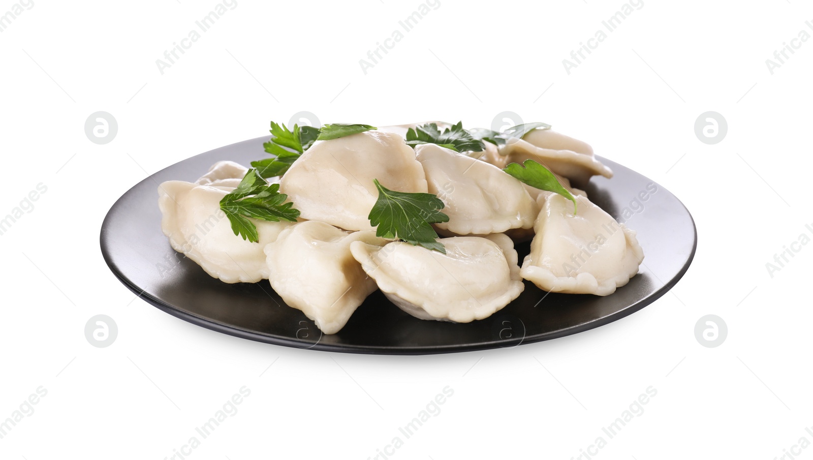 Photo of Delicious dumplings (varenyky) with tasty filling and parsley on white background