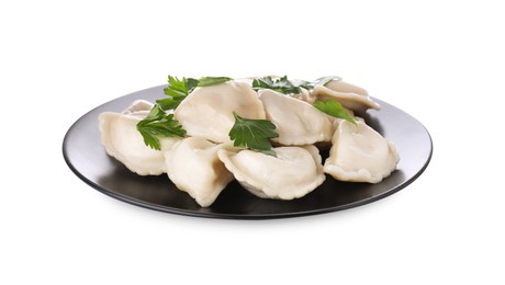 Photo of Delicious dumplings (varenyky) with tasty filling and parsley on white background