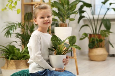 Cute little girl holding beautiful green plant at home. House decor