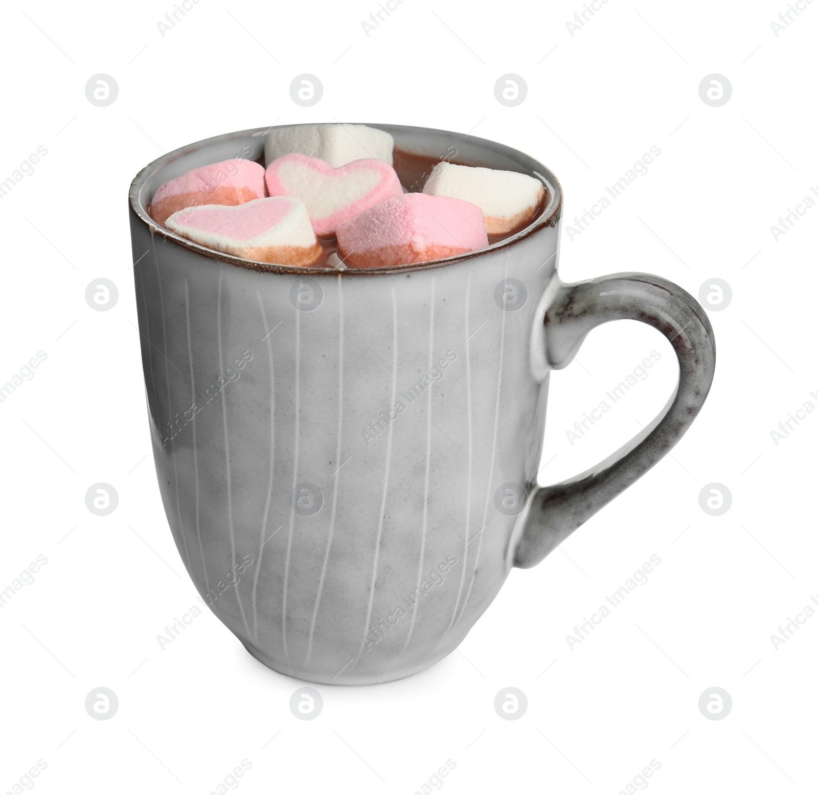 Photo of Cup of delicious hot chocolate with marshmallows isolated on white