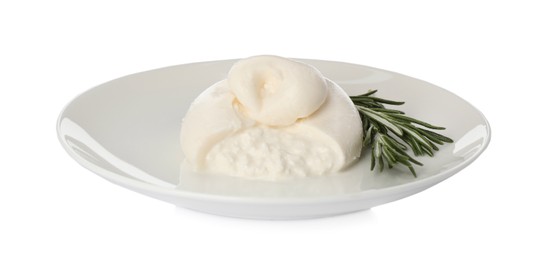 Photo of Delicious burrata cheese with rosemary on white background