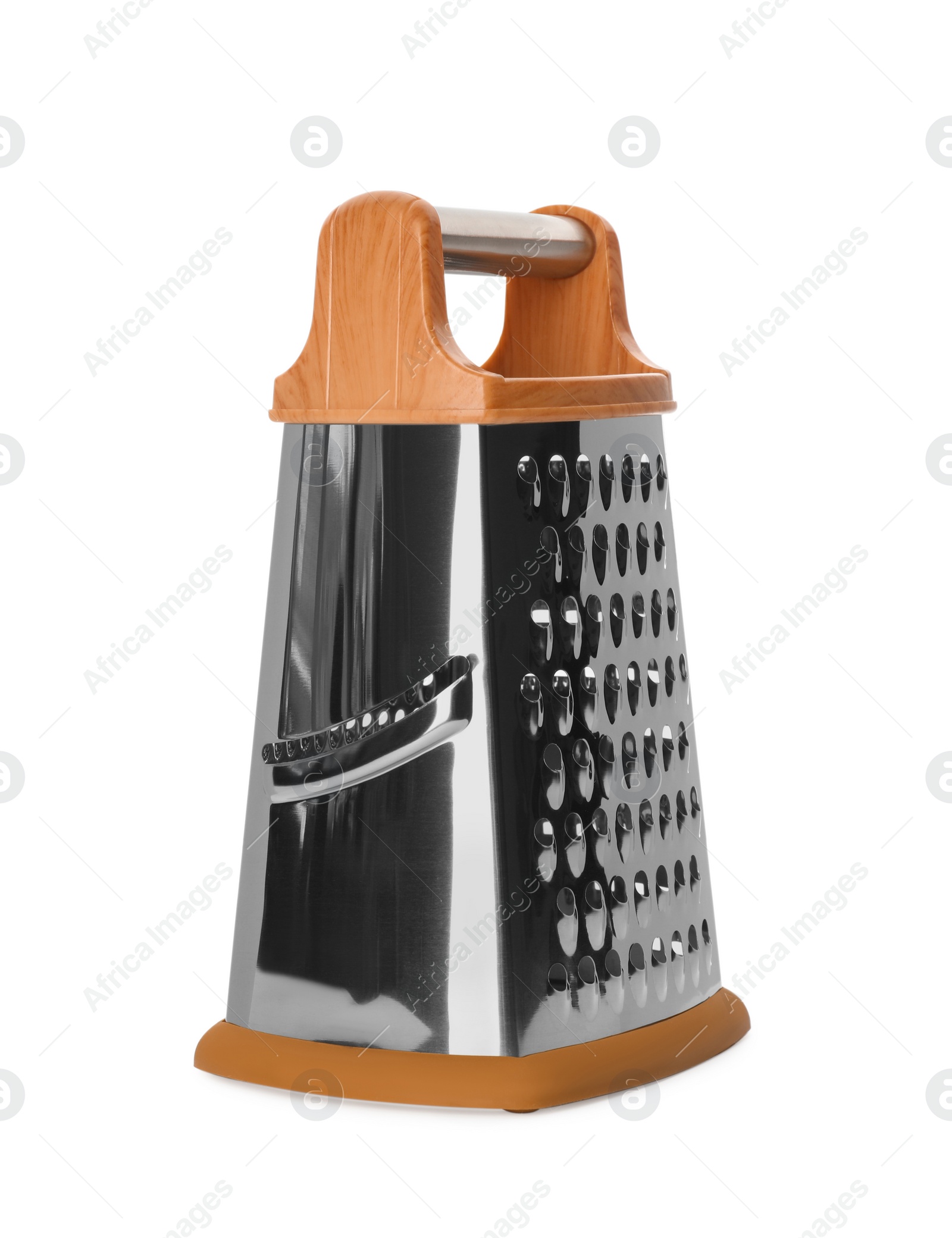 Photo of Stainless steel grater on white background. Kitchen utensil