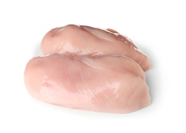 Photo of Raw chicken breasts on white background. Fresh meat