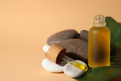 Photo of Bottle of face serum, green leaves and spa stones on beige background, space for text