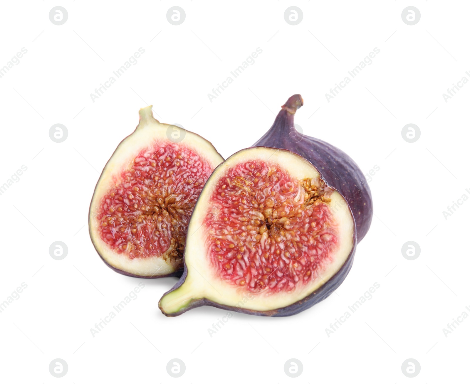 Photo of Whole and cut fresh ripe figs isolated on white