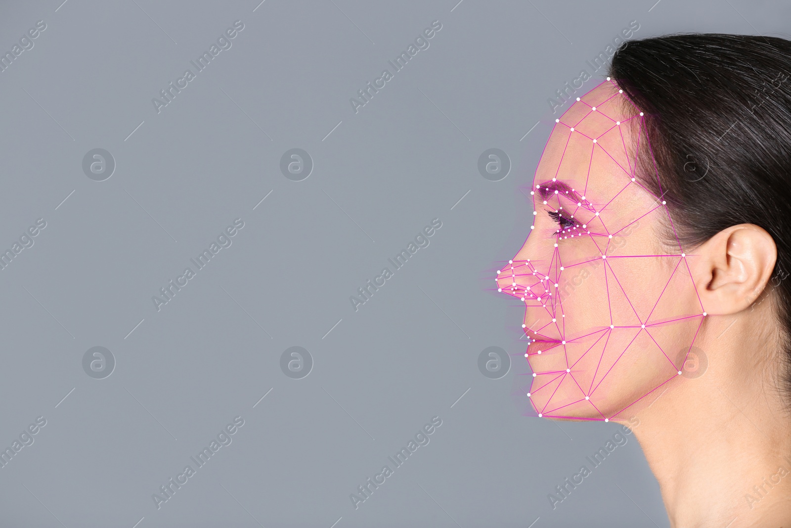 Image of Facial recognition system. Mature woman with digital biometric grid on grey background