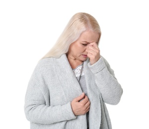 Photo of Mature woman suffering from headache on white background