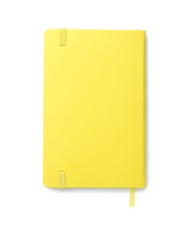 Closed yellow notebook with isolated on white, top view