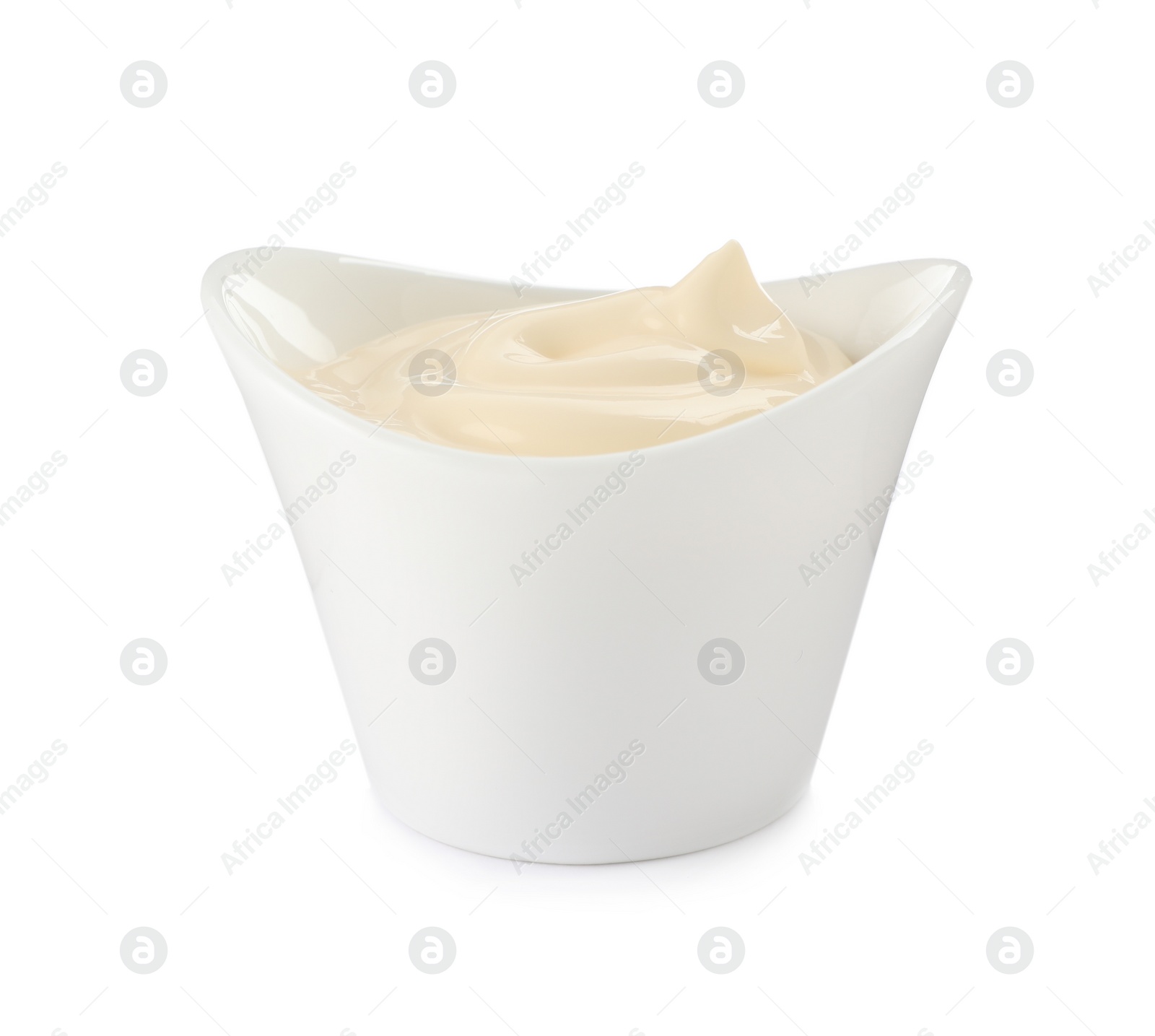 Photo of Mayonnaise in ceramic bowl isolated on white