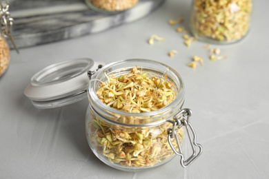 Glass jar of sprouted green buckwheat on light grey table