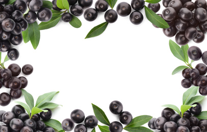 Image of Frame of fresh acai berries with green leaves on white background