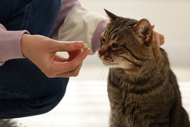 Photo of Woman giving pill to cute cat at home, closeup. Vitamins for animal