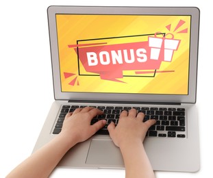 Image of Bonus gaining. Child using laptop on white background, closeup. Illustration of gift box and word on device screen