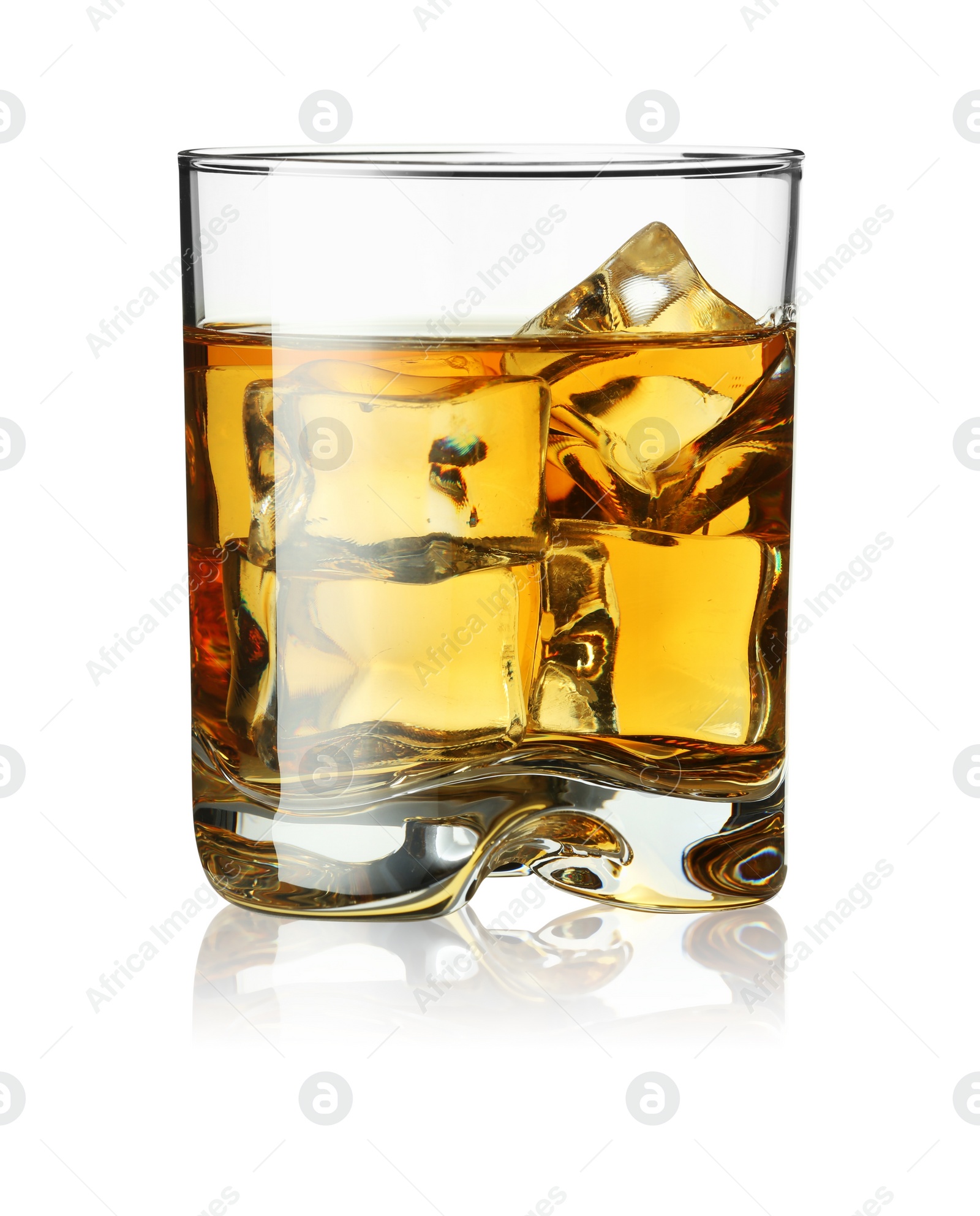 Photo of Whiskey and ice cubes in glass isolated on white