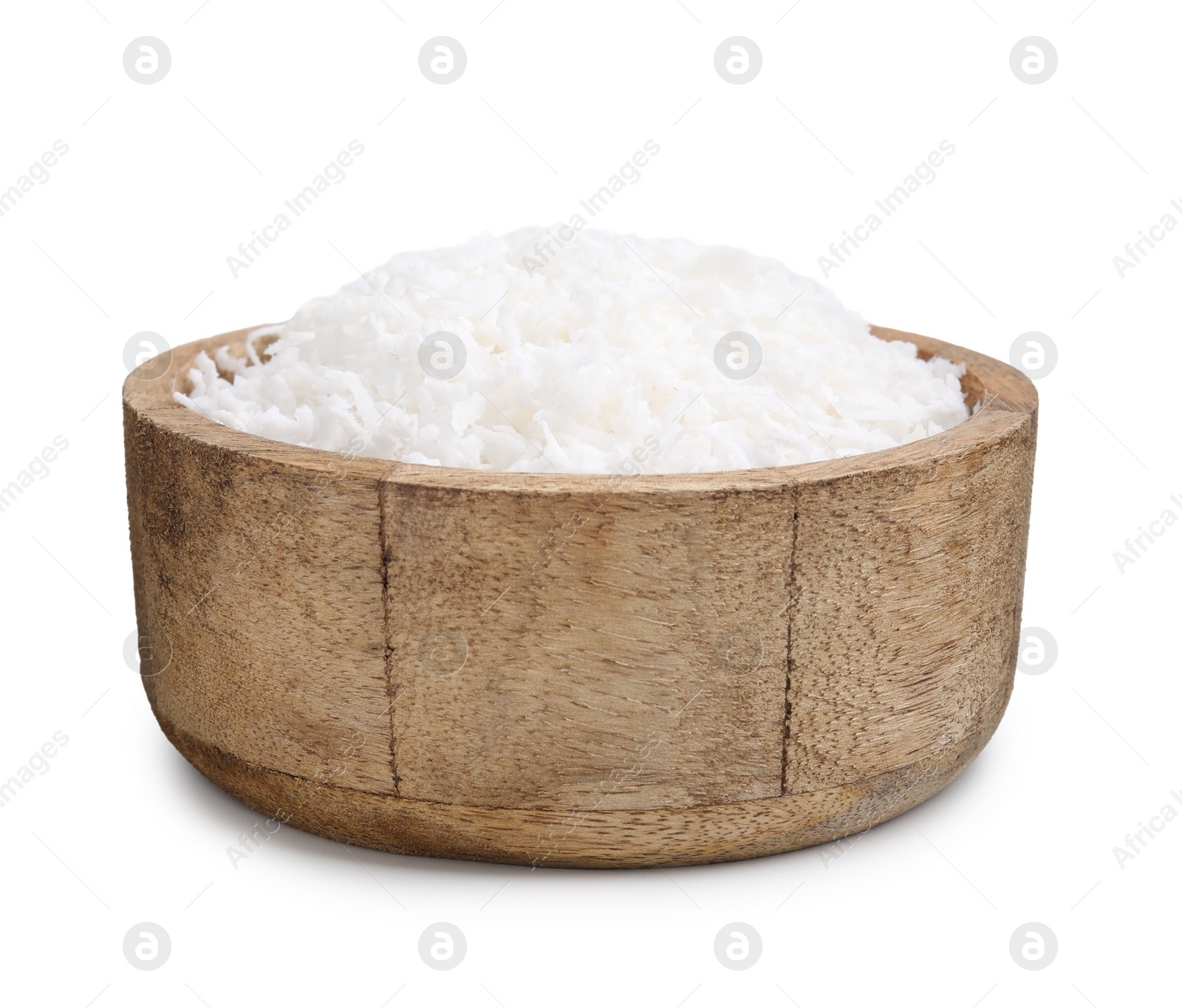 Photo of Coconut flakes in bowl isolated on white