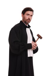 Photo of Judge in court dress with gavel on white background