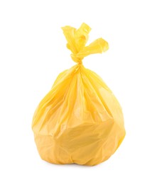 Photo of Yellow plastic garbage bag isolated on white