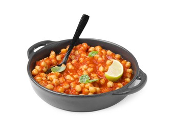 Photo of Delicious chickpea curry with lime and basil isolated on white