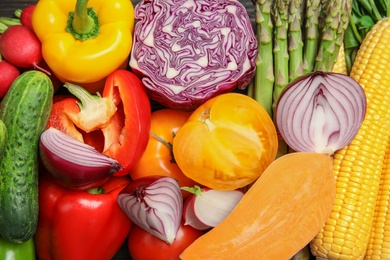 Photo of Different fresh vegetables as background. Organic food