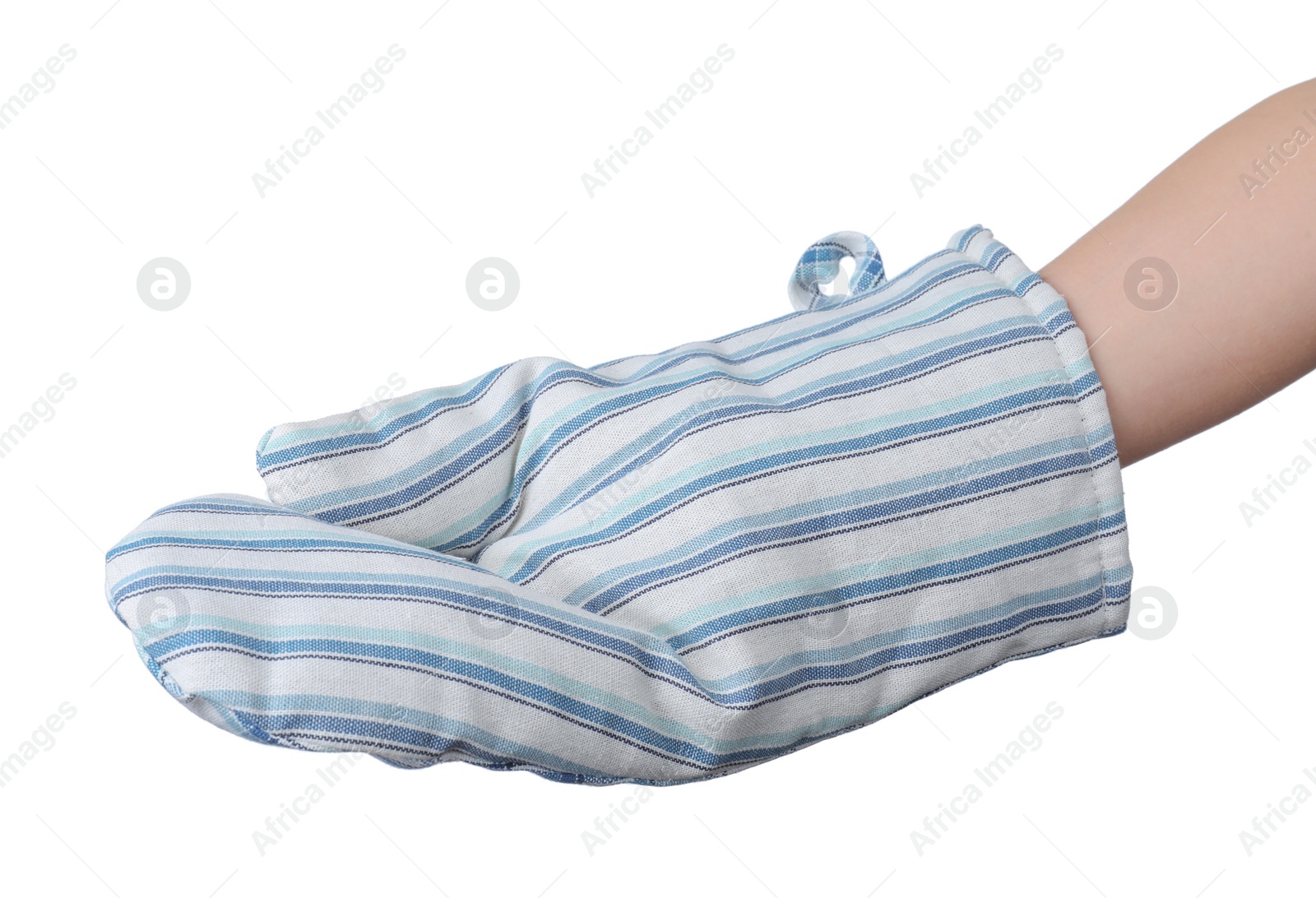 Photo of Chef in oven glove on white background, closeup